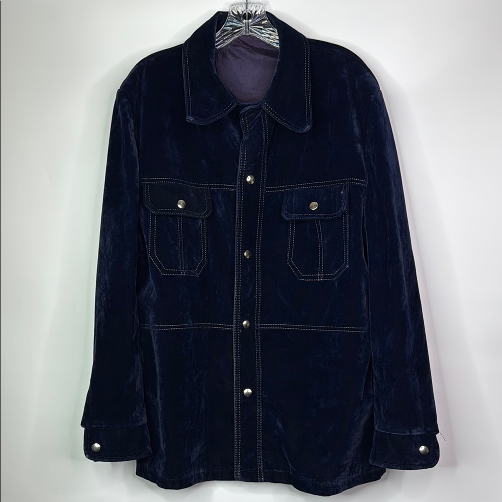 Vintage Blue Velveteen Snap Button Rockabilly Western Jacket Size Large 70s